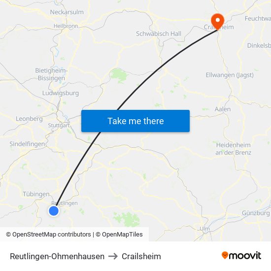 Reutlingen-Ohmenhausen to Crailsheim map