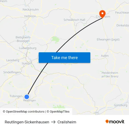 Reutlingen-Sickenhausen to Crailsheim map