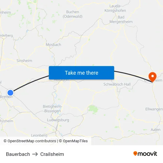 Bauerbach to Crailsheim map