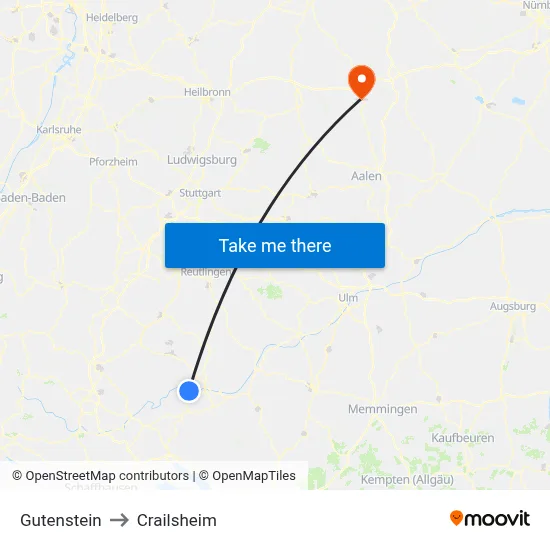 Gutenstein to Crailsheim map
