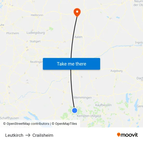Leutkirch to Crailsheim map