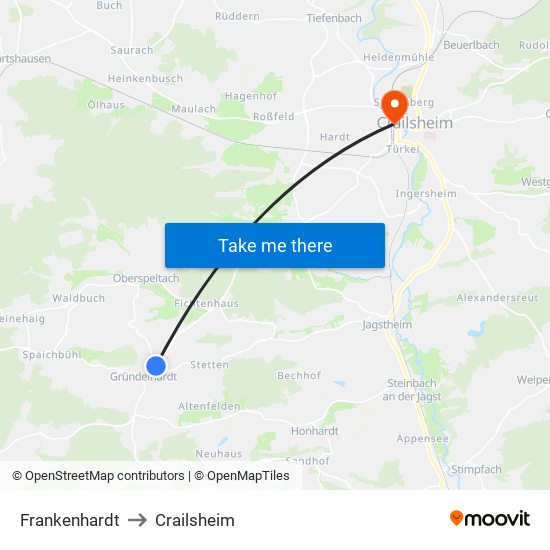 Frankenhardt to Crailsheim map