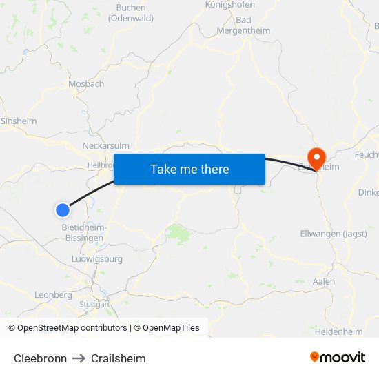 Cleebronn to Crailsheim map