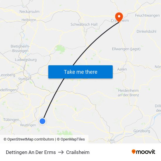 Dettingen An Der Erms to Crailsheim map