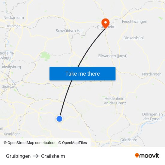 Gruibingen to Crailsheim map