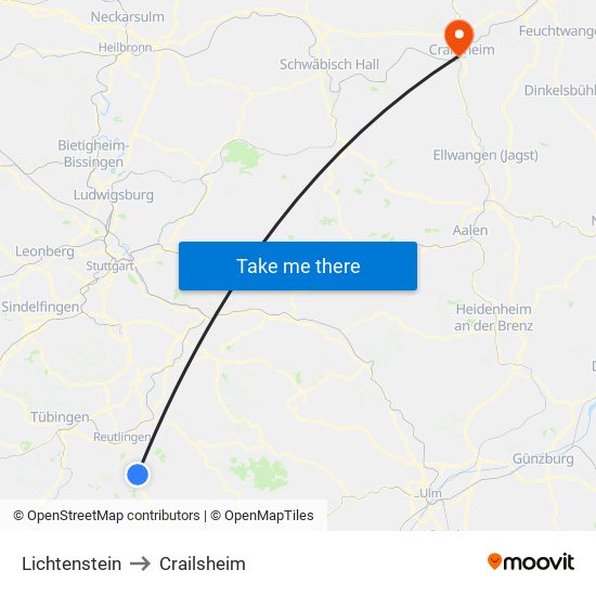 Lichtenstein to Crailsheim map