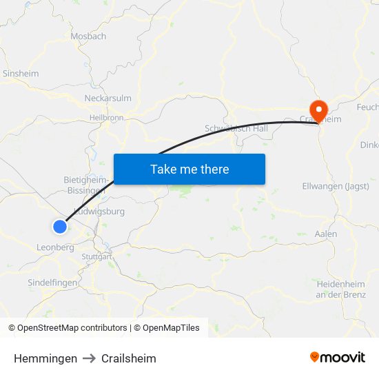 Hemmingen to Crailsheim map