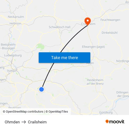 Ohmden to Crailsheim map