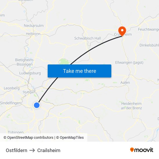 Ostfildern to Crailsheim map