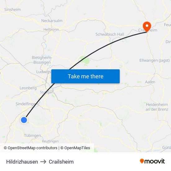 Hildrizhausen to Crailsheim map