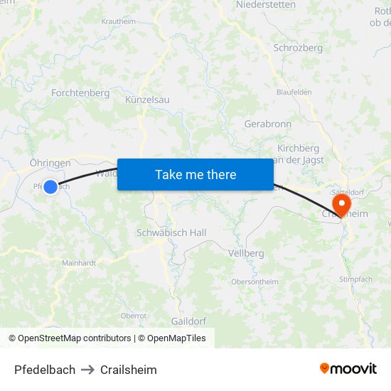 Pfedelbach to Crailsheim map