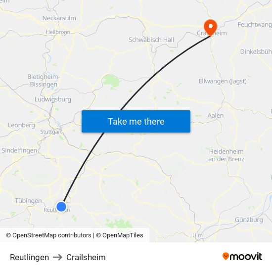 Reutlingen to Crailsheim map