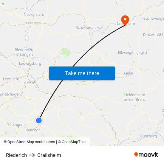 Riederich to Crailsheim map