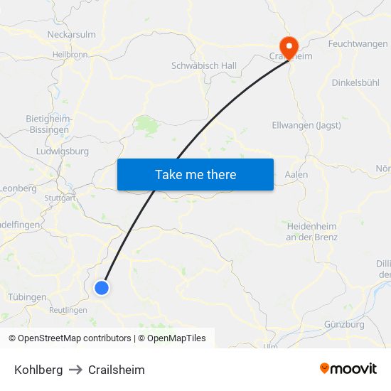 Kohlberg to Crailsheim map