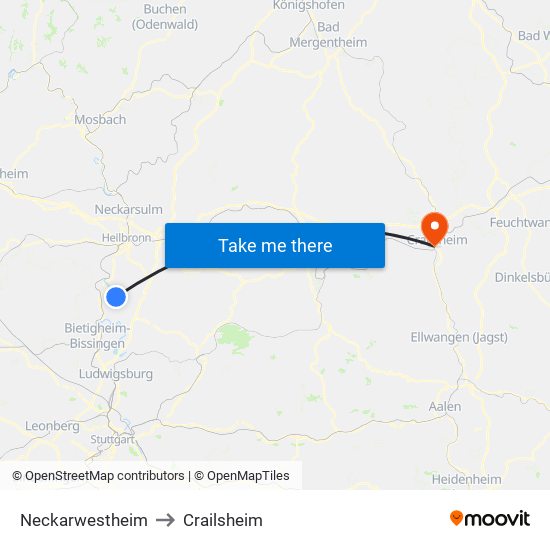 Neckarwestheim to Crailsheim map