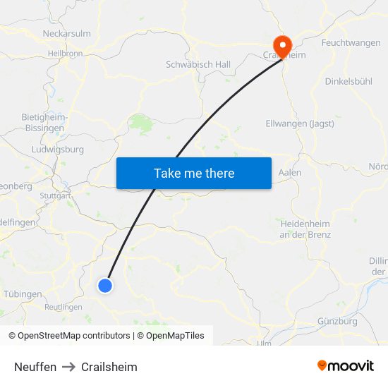 Neuffen to Crailsheim map