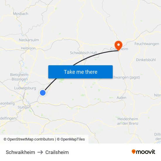Schwaikheim to Crailsheim map