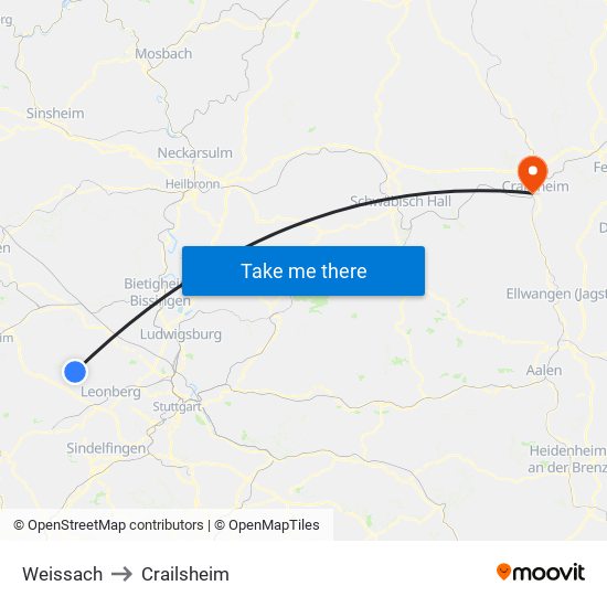 Weissach to Crailsheim map