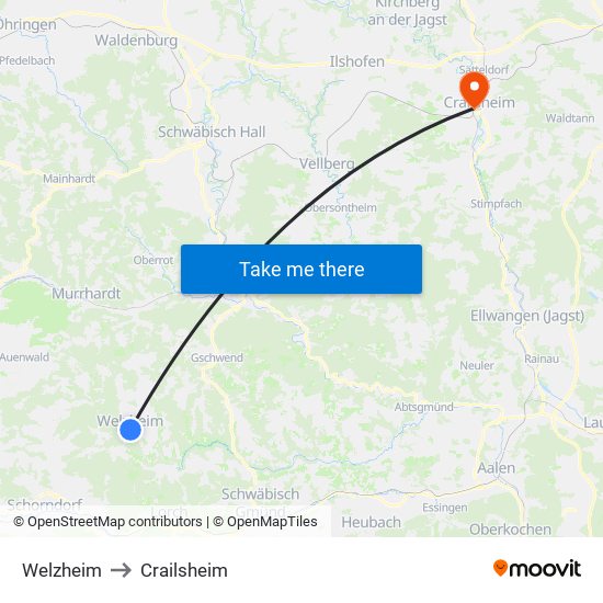 Welzheim to Crailsheim map