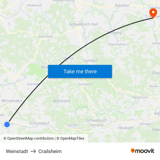 Weinstadt to Crailsheim map