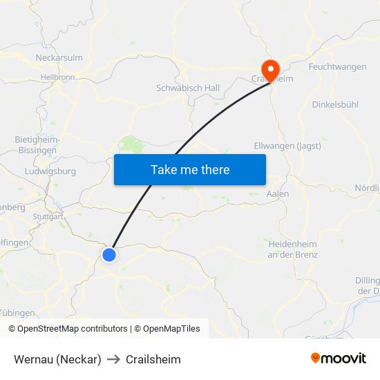 Wernau (Neckar) to Crailsheim map