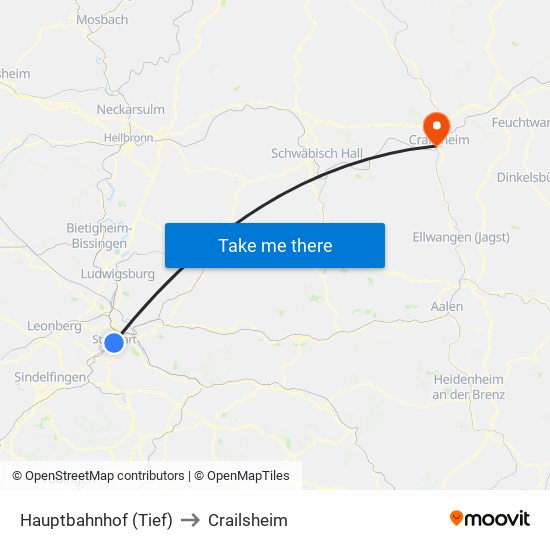 Hauptbahnhof (Tief) to Crailsheim map