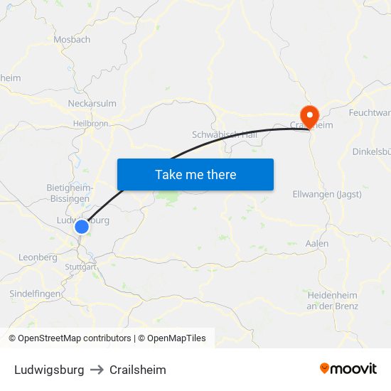 Ludwigsburg to Crailsheim map