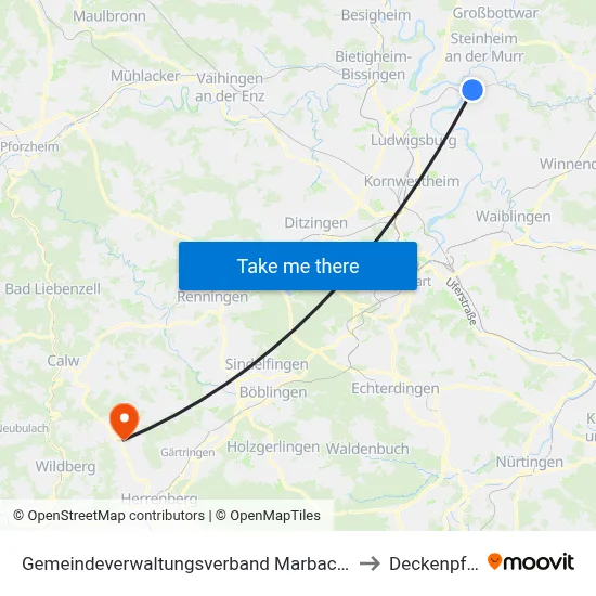 Gemeindeverwaltungsverband Marbach am Neckar to Deckenpfronn map
