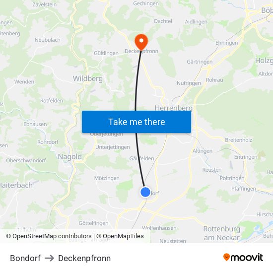 Bondorf to Deckenpfronn map