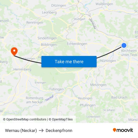 Wernau (Neckar) to Deckenpfronn map