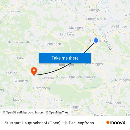 Stuttgart Hauptbahnhof (Oben) to Deckenpfronn map