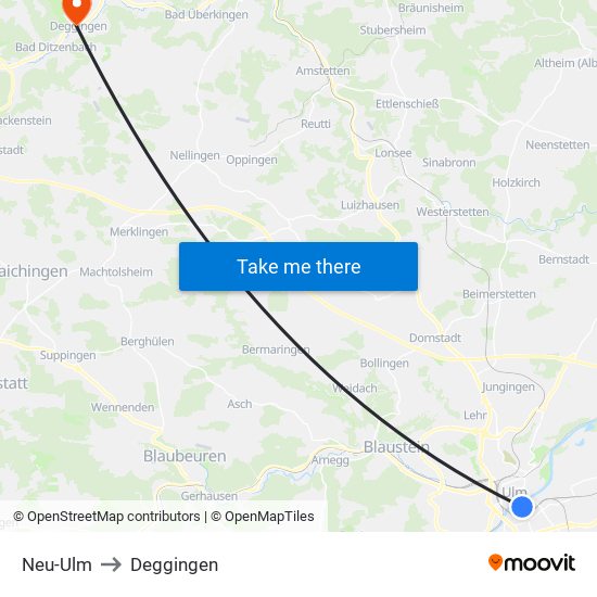 Neu-Ulm to Deggingen map