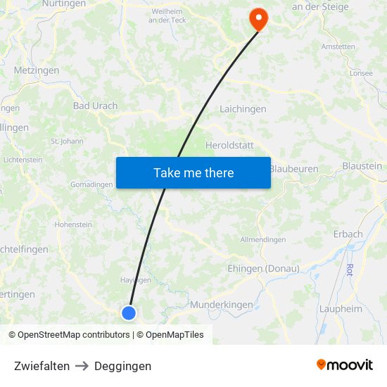 Zwiefalten to Deggingen map
