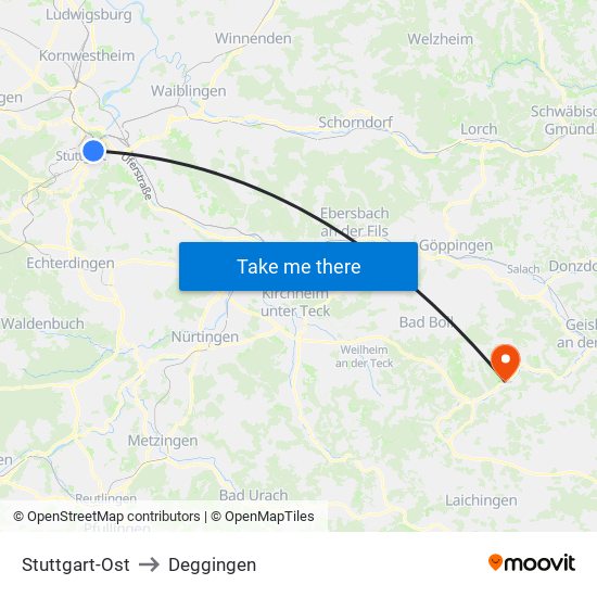 Stuttgart-Ost to Deggingen map