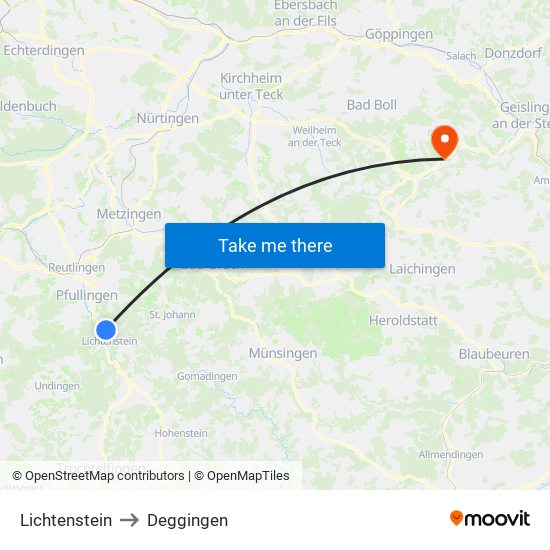 Lichtenstein to Deggingen map