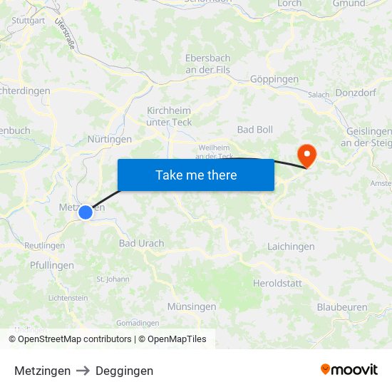 Metzingen to Deggingen map