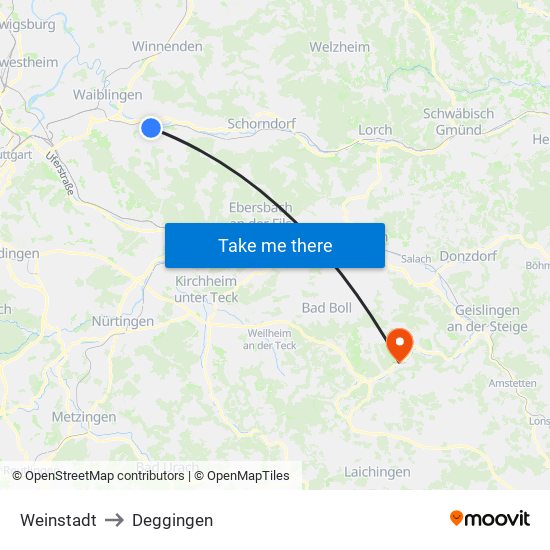 Weinstadt to Deggingen map