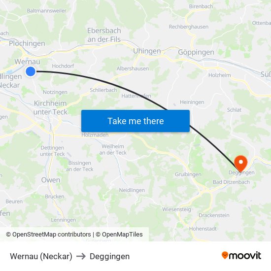 Wernau (Neckar) to Deggingen map