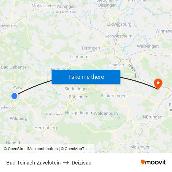 Bad Teinach-Zavelstein to Deizisau map