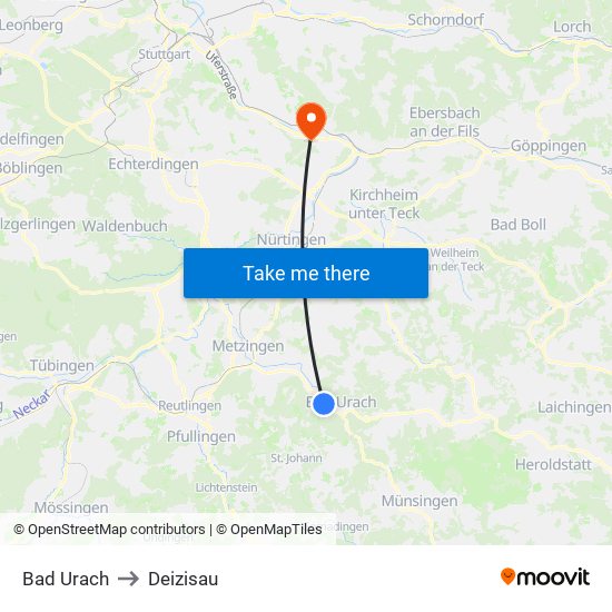 Bad Urach to Deizisau map
