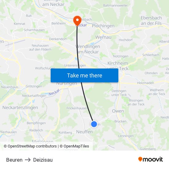 Beuren to Deizisau map