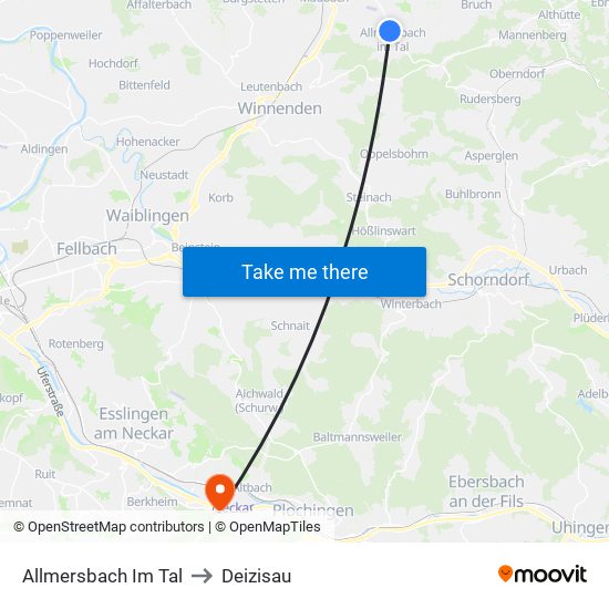 Allmersbach Im Tal to Deizisau map