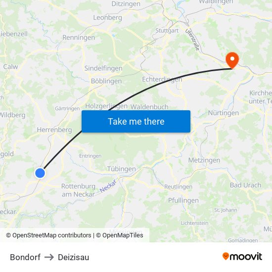 Bondorf to Deizisau map