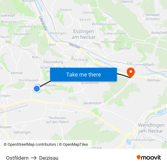 Ostfildern to Deizisau map
