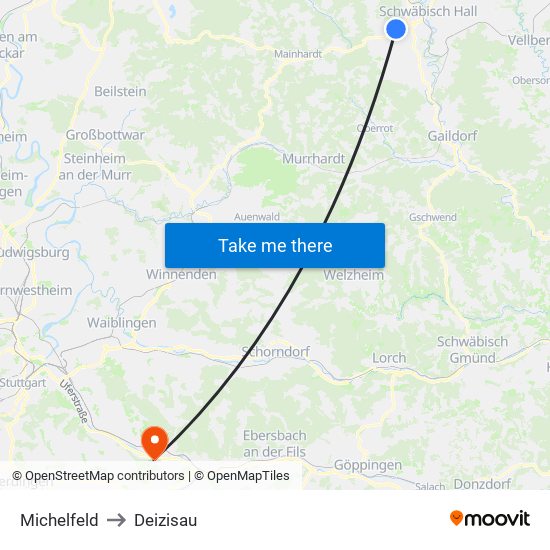 Michelfeld to Deizisau map