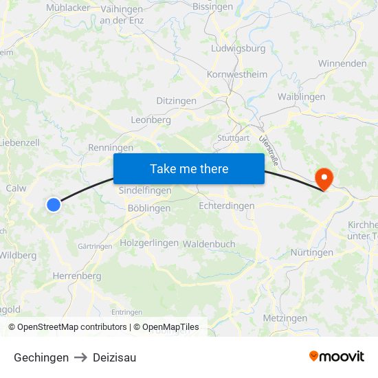 Gechingen to Deizisau map