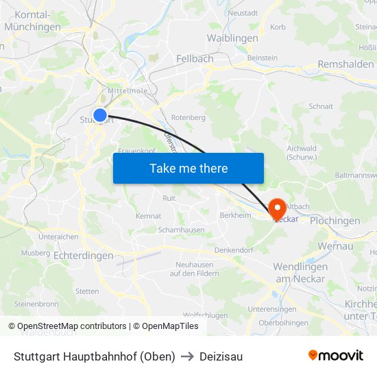 Stuttgart Hauptbahnhof (Oben) to Deizisau map