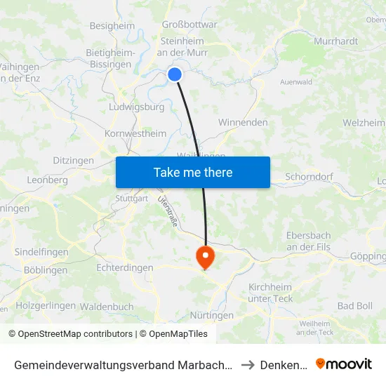 Gemeindeverwaltungsverband Marbach am Neckar to Denkendorf map