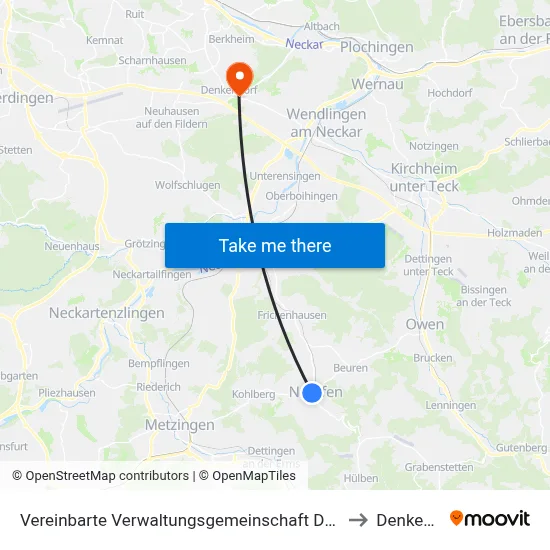 Vereinbarte Verwaltungsgemeinschaft Der Stadt Neuffen to Denkendorf map