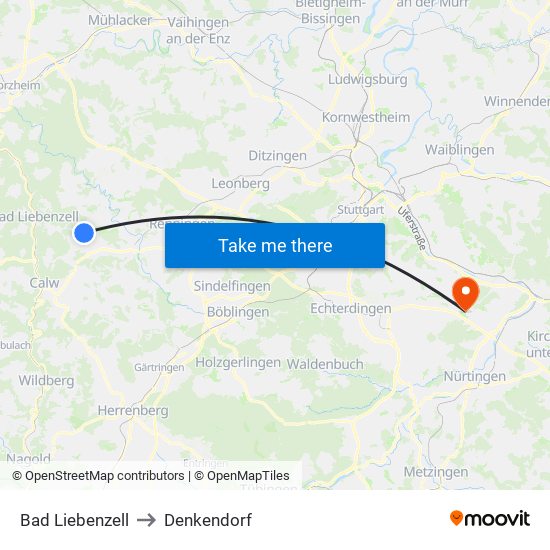 Bad Liebenzell to Denkendorf map